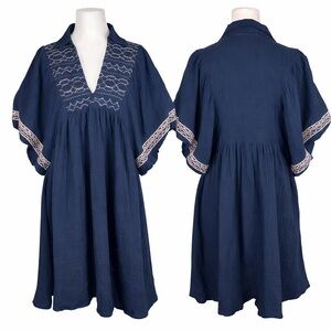 Entro Navy Blue Embroidered Boho Puff Sleeve Flowy Cotton Dress Tunic Medium